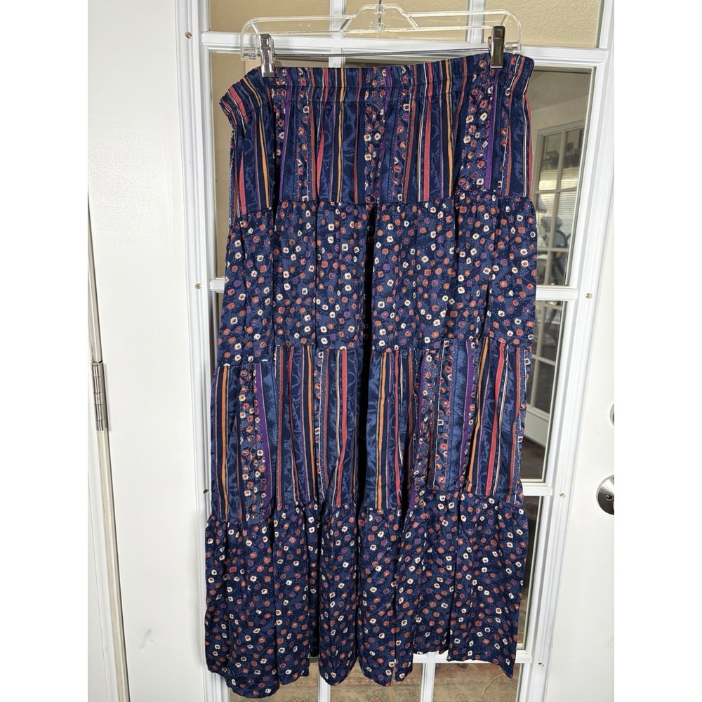 Vintage‎ Banjo Dallas Texas Tiered Maxi Skirt Navy Floral Boho Size S